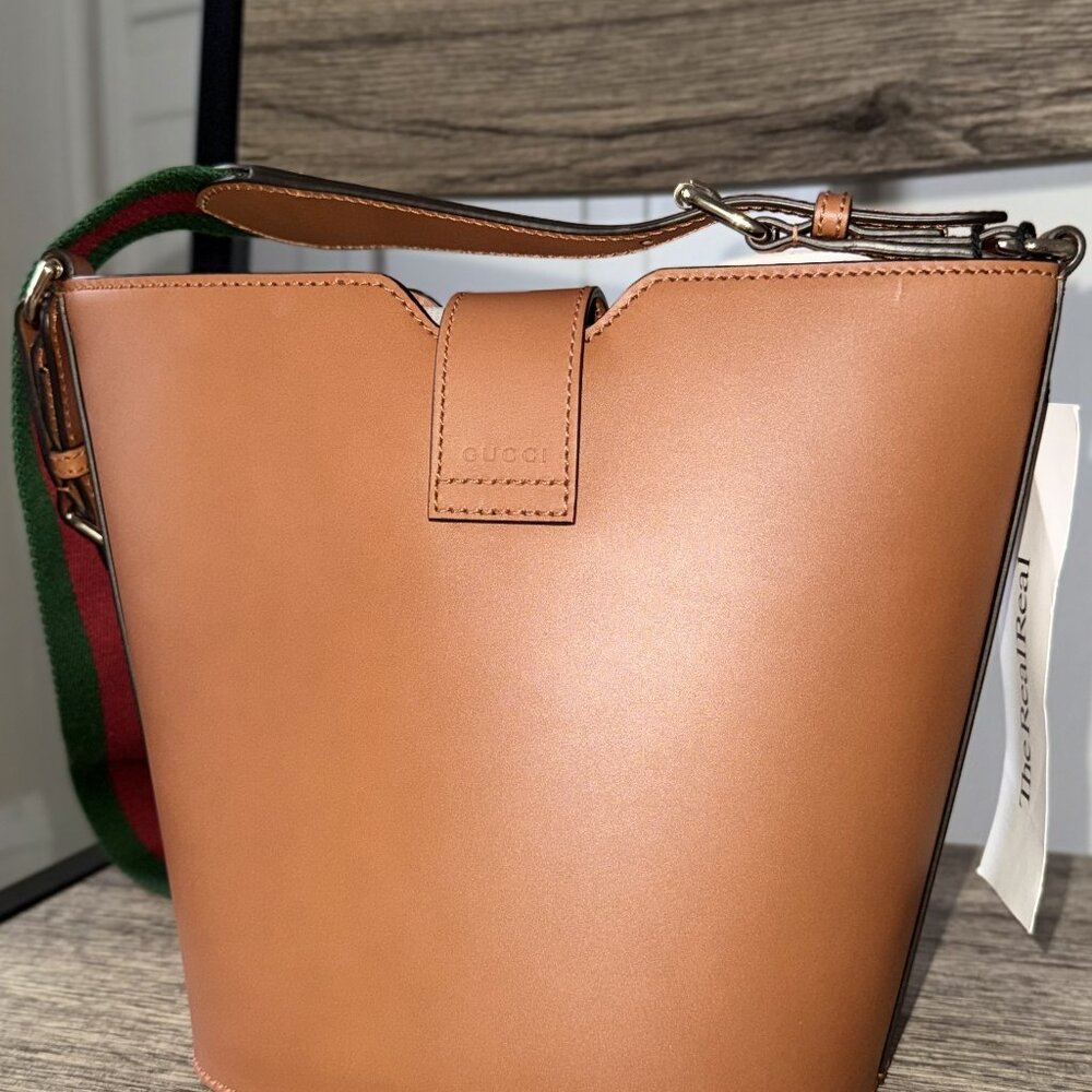 Gucci Leather Bucket Bag 2024 | Cognac | Web Strap | Retail $2,800 - Picture 2 of 5